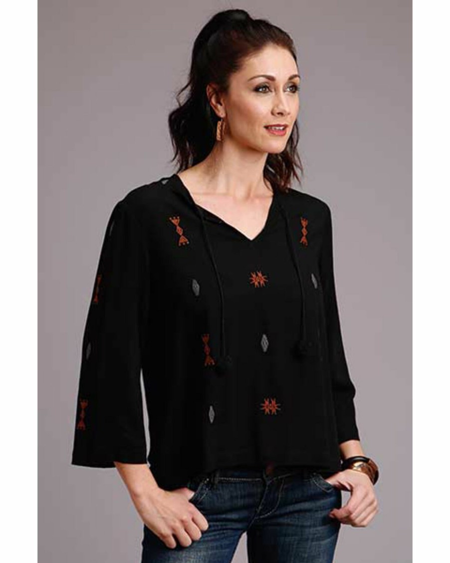 Shirt * | Stetson Women'S Crepe Embroidered Long Sleeve Top Black