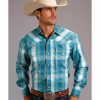 Shirt * | Stetson Men'S Teal Plaid Long Sleeve Western Shirt Blue