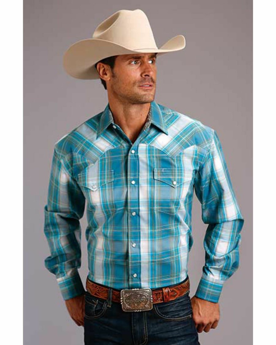 Shirt * | Stetson Men'S Teal Plaid Long Sleeve Western Shirt Blue