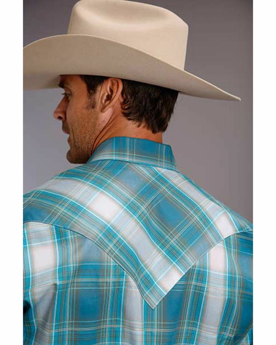 Shirt * | Stetson Men'S Teal Plaid Long Sleeve Western Shirt Blue