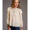 Shirt * | Stetson Women'S Herringbone Pleated Long Sleeve Blouse Top Cream