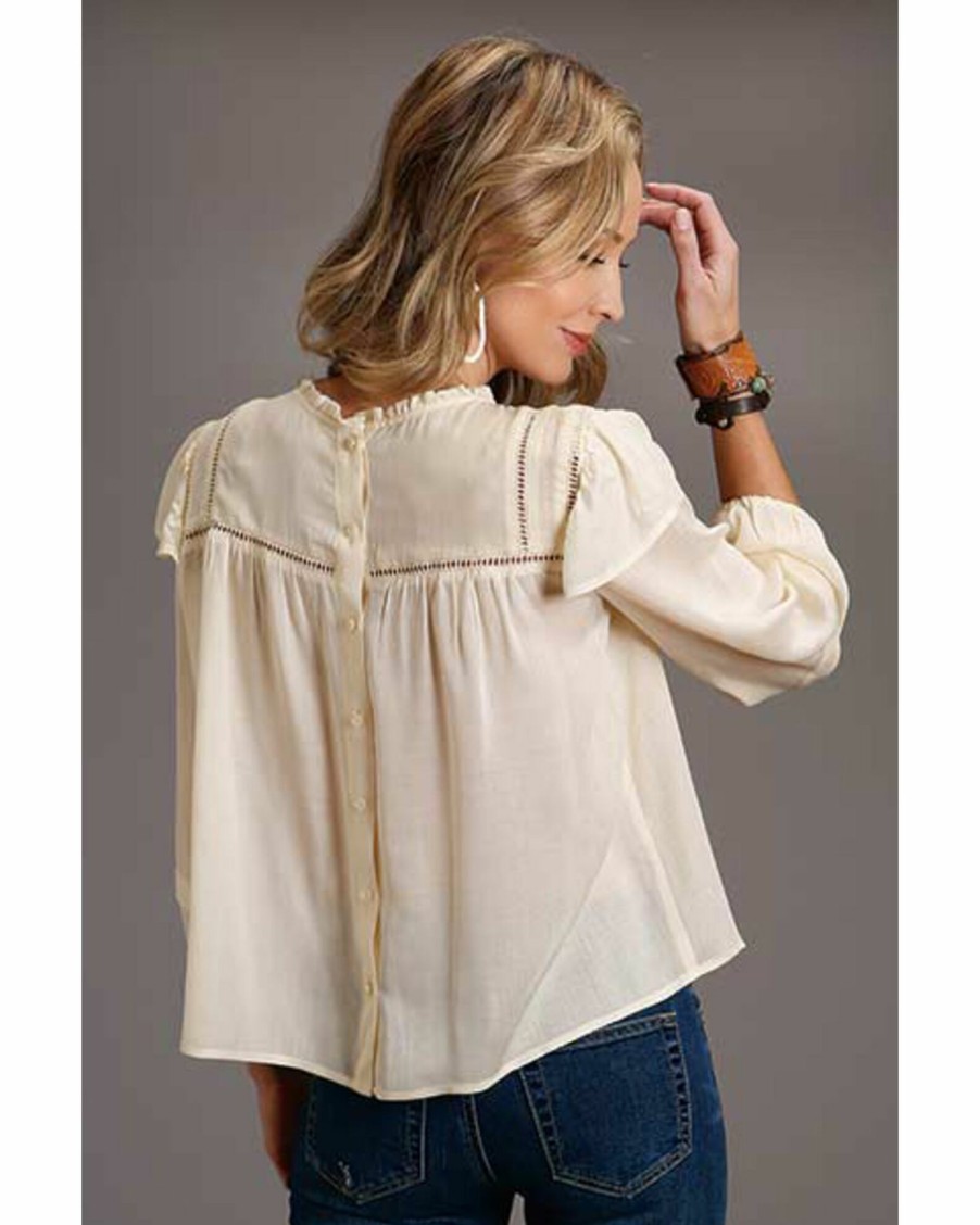 Shirt * | Stetson Women'S Herringbone Pleated Long Sleeve Blouse Top Cream