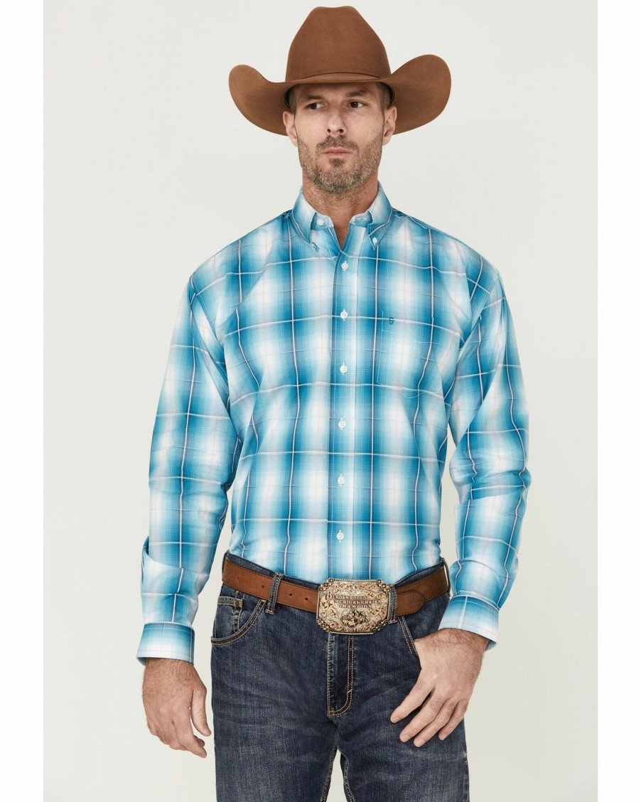 Shirt * | Stetson Men'S Large Ombre Plaid Long Sleeve Button-Down Western Shirt Blue