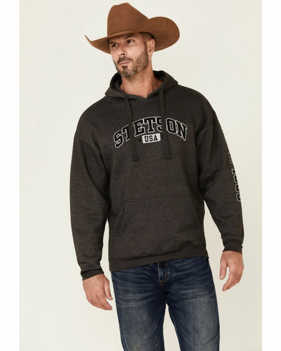 Sweatshirt * | Stetson Men'S Grey Logo Sleeve Pullover Hooded Sweatshirt