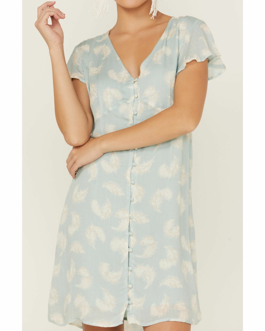 Dress * | Stetson Women'S Feather Print Button-Front Dress Blue