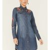 Dress * | Stetson Women'S Floral Embroidered Medium Wash Denim Long Sleeve Dress Blue