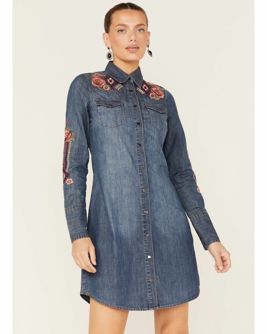 Dress * | Stetson Women'S Floral Embroidered Medium Wash Denim Long Sleeve Dress Blue