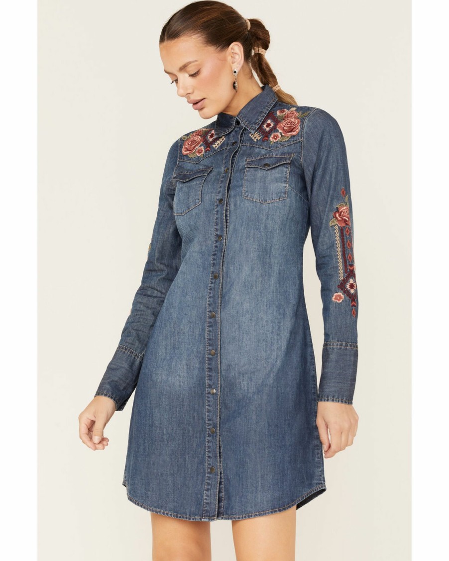 Dress * | Stetson Women'S Floral Embroidered Medium Wash Denim Long Sleeve Dress Blue