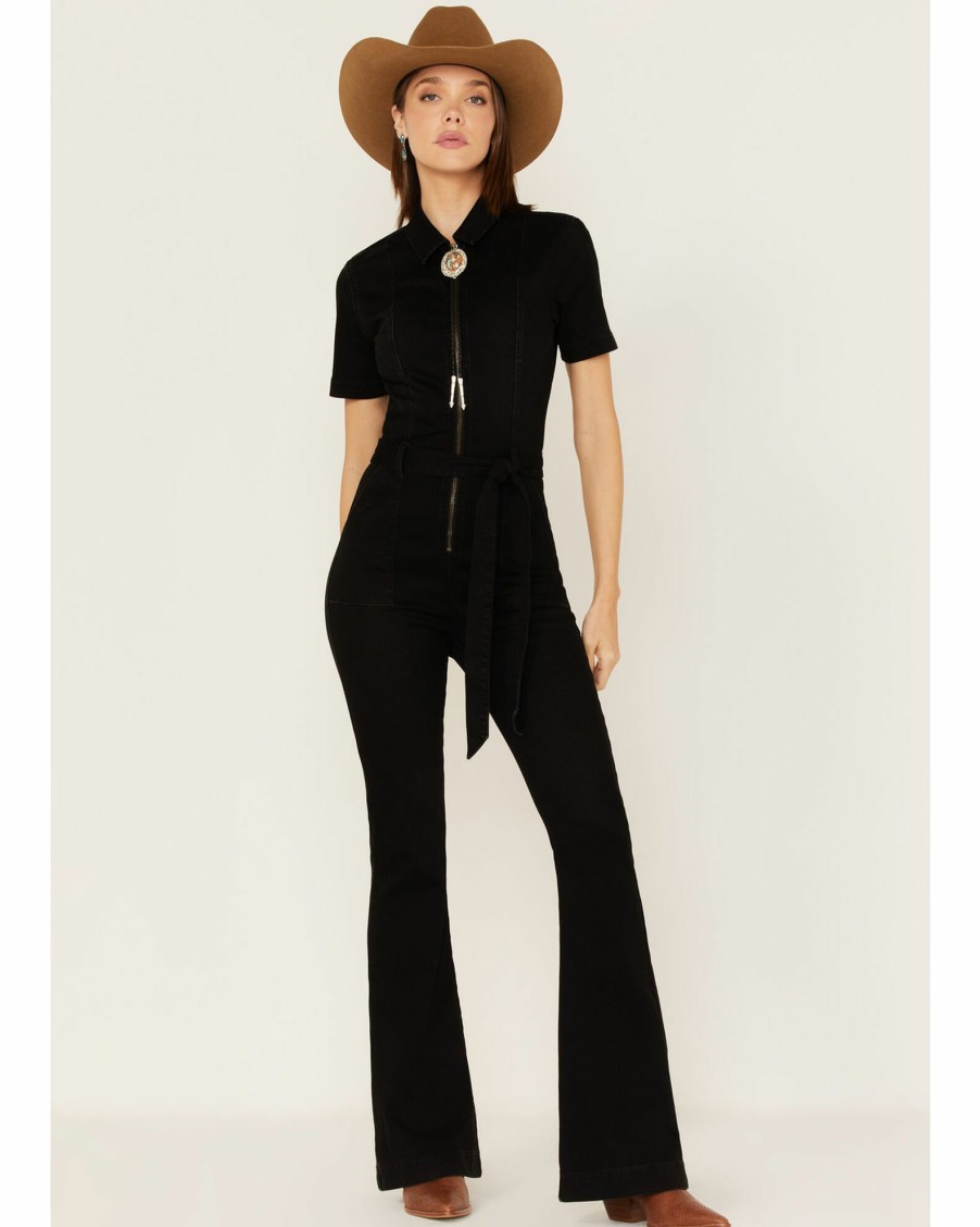 Dress * | Stetson Women'S Tie Waist Flare Stretch Denim Jumpsuit Black