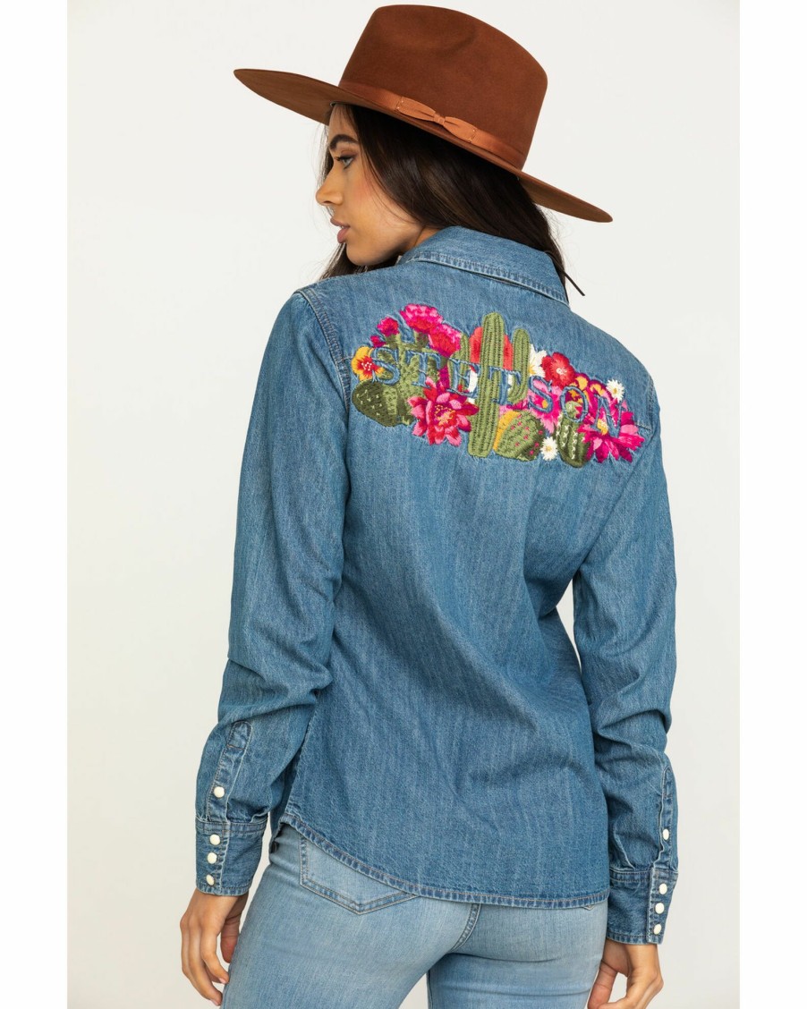 Shirt * | Stetson Women'S Denim Desert Embroidered Long Sleeve Western Shirt Blue