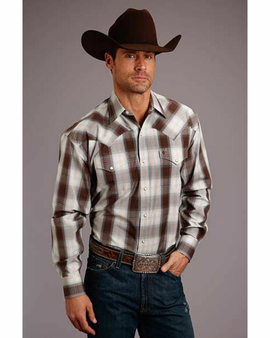 Shirt * | Stetson Men'S Ombre Plaid Long Sleeve Western Shirt Brown