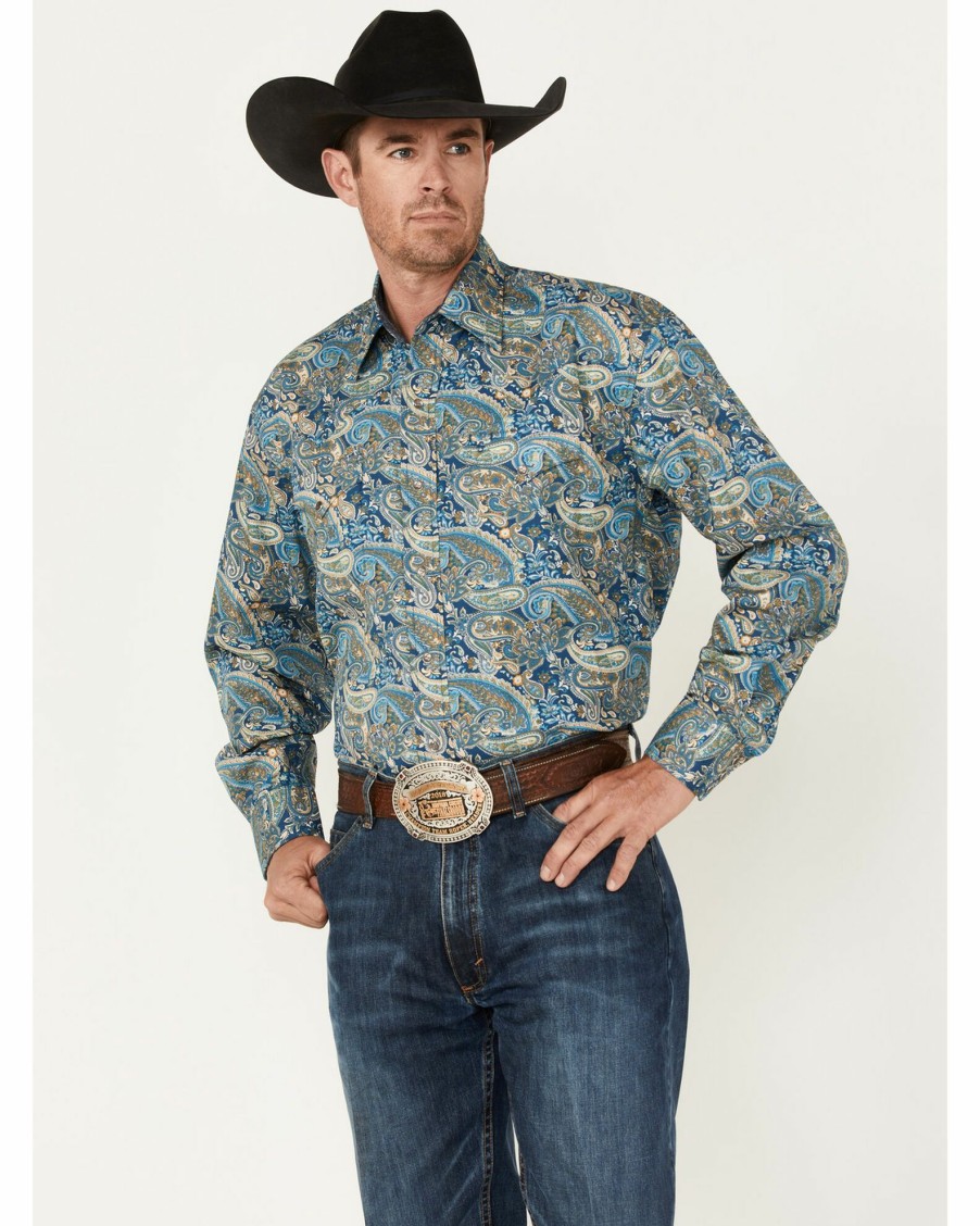 Shirt * | Stetson Men'S Paisley Print Long Sleeve Western Shirt Blue