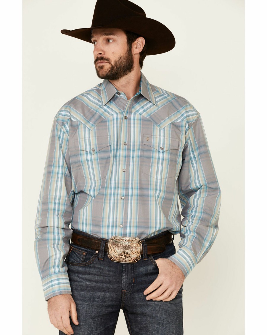 Shirt * | Stetson Men'S Large Dobby Plaid Long Sleeve Snap Western Shirt Grey