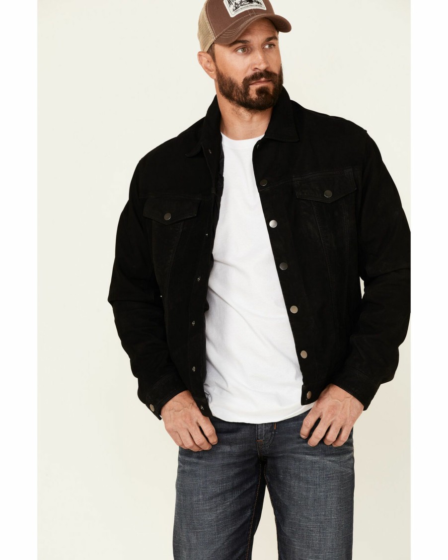 Jacket * | Stetson Men'S Distressed Leather Lined Snap-Front Jean Jacket Black