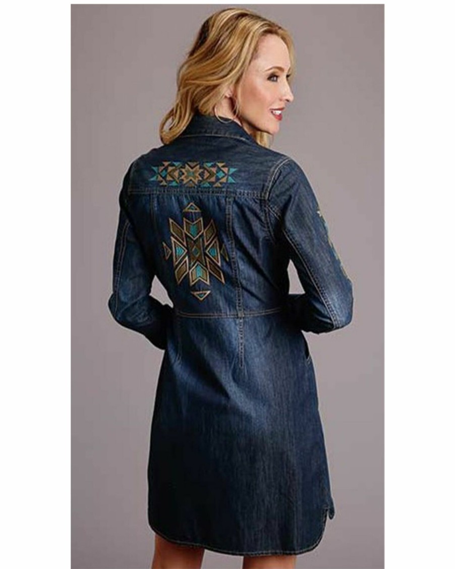 Dress * | Stetson Women'S Aztec Embroidered Long Sleeve Western Shirt Dress Blue