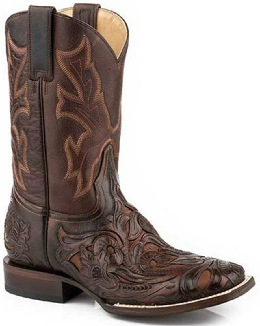 Boot * | Stetson Men'S Tooled Wicks Inlay Western Boots Broad Square Toe Brown