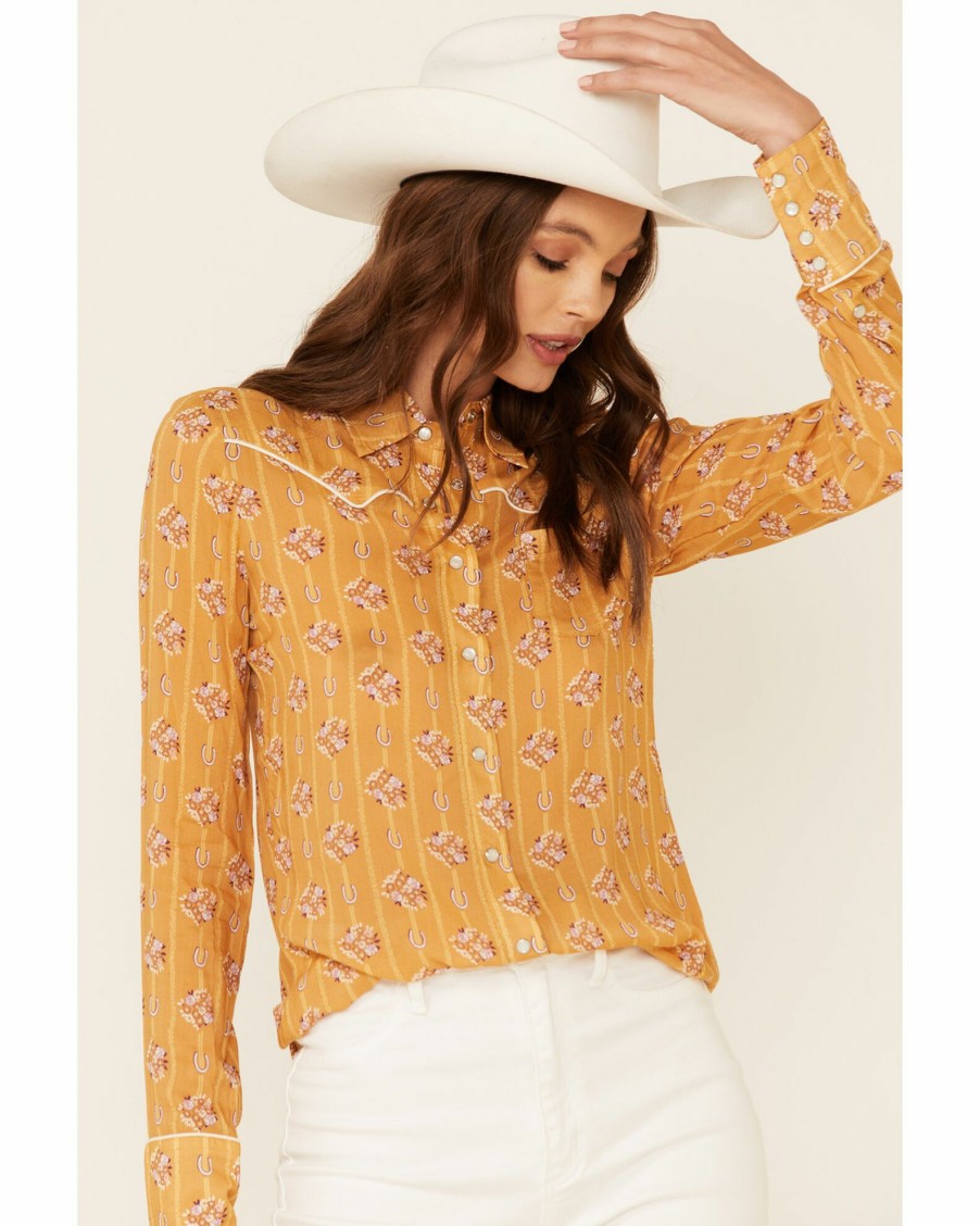 Shirt * | Stetson Women'S Horseshoe Wallpaper Print Long Sleeve Snap Western Shirt Mustard