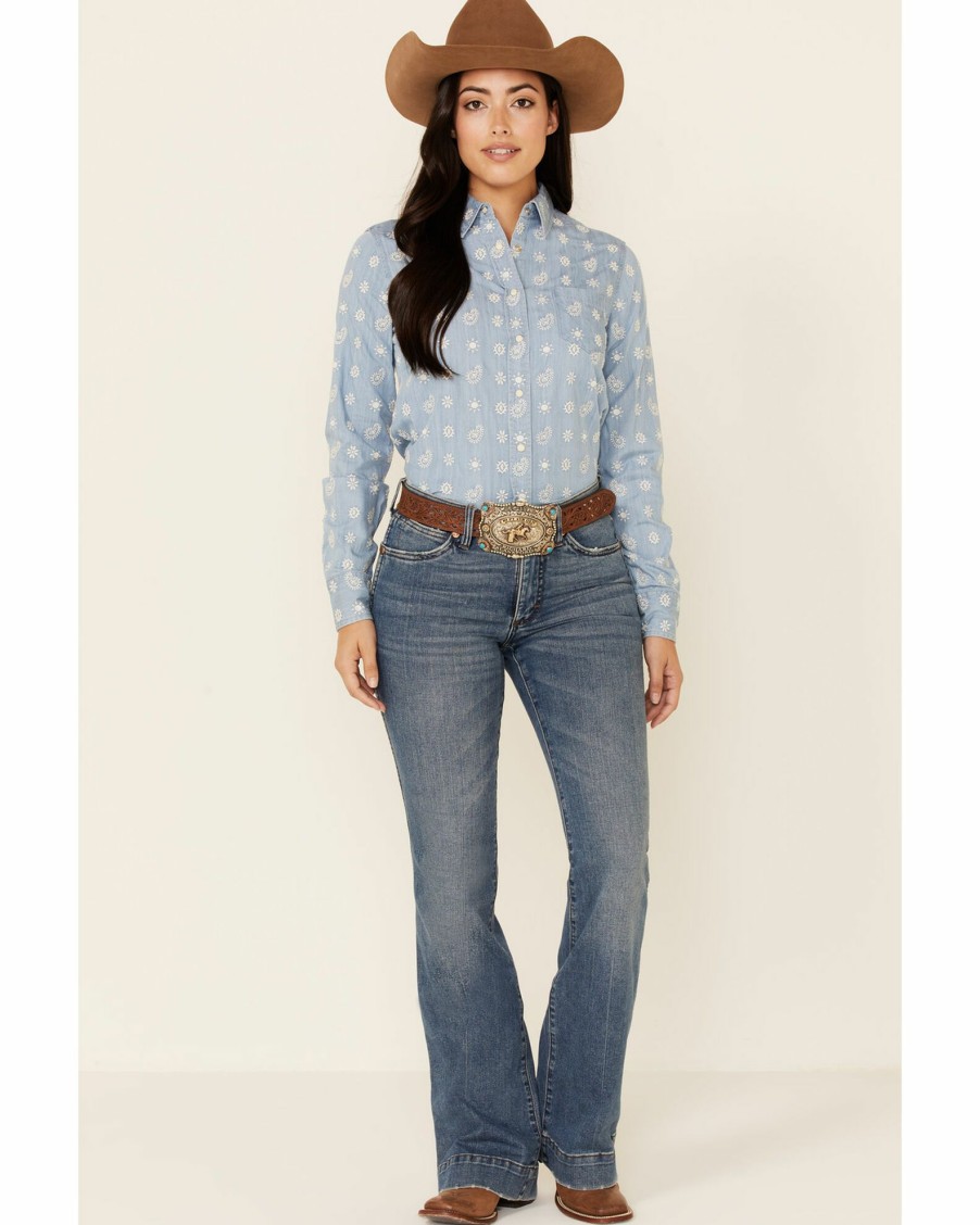 Shirt * | Stetson Women'S Embroidered Schiffli Paisley Long Sleeve Snap Western Shirt Blue