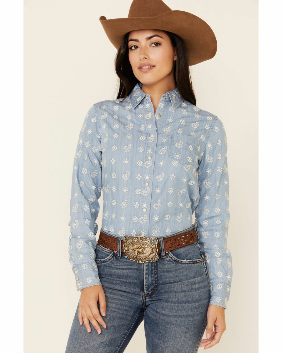 Shirt * | Stetson Women'S Embroidered Schiffli Paisley Long Sleeve Snap Western Shirt Blue