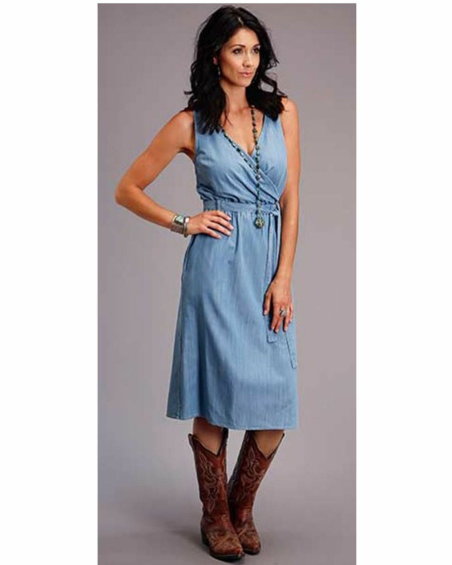 Dress * | Stetson Women'S Sleeveless Chambray Tencel Wrap Dress Blue