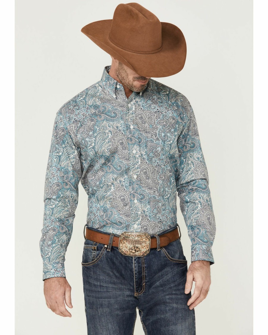 Shirt * | Stetson Men'S Denim Paisley Print Long Sleeve Button-Down Western Shirt Green