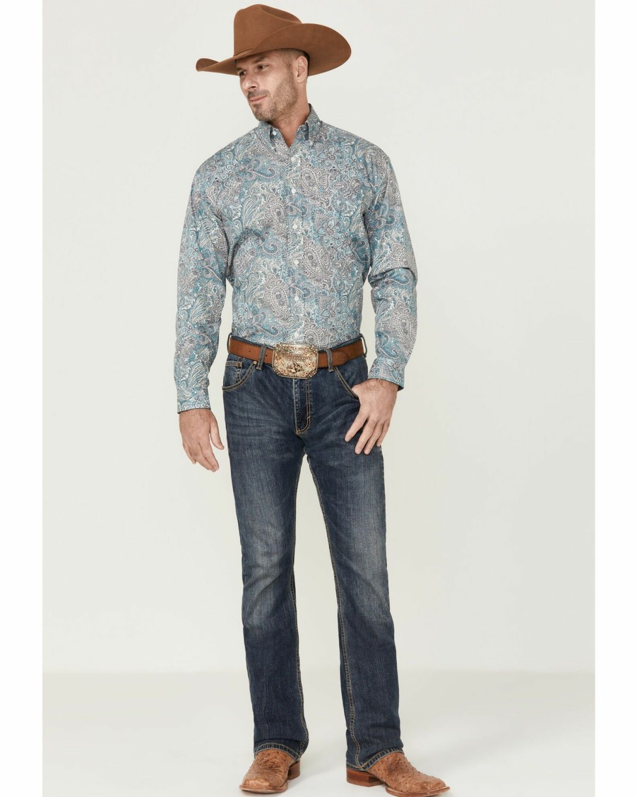 Shirt * | Stetson Men'S Denim Paisley Print Long Sleeve Button-Down Western Shirt Green