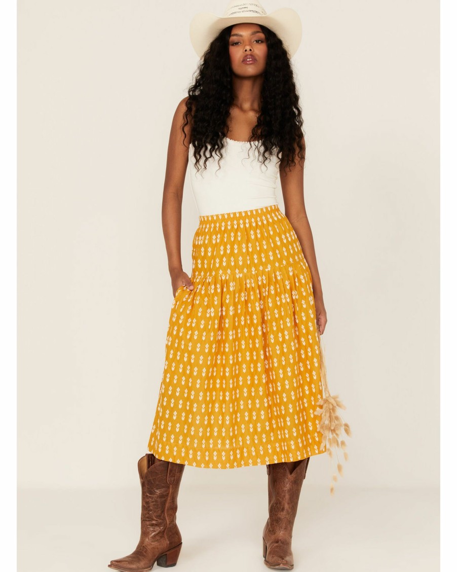 Skirt * | Stetson Women'S Southwestern Embroidered Prairie Style Midi Skirt Yellow