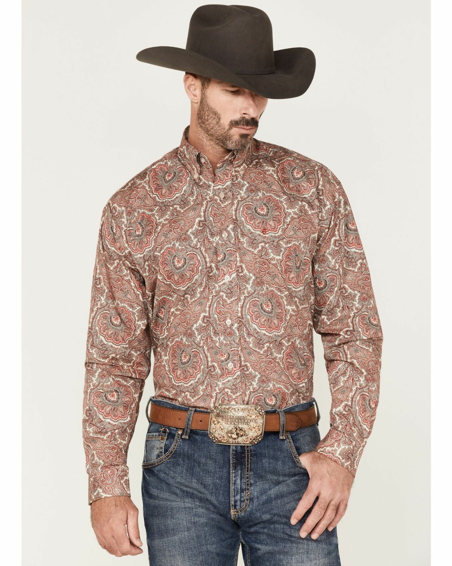 Shirt * | Stetson Men'S Paisley Print Long Sleeve Button-Down Western Shirt Red