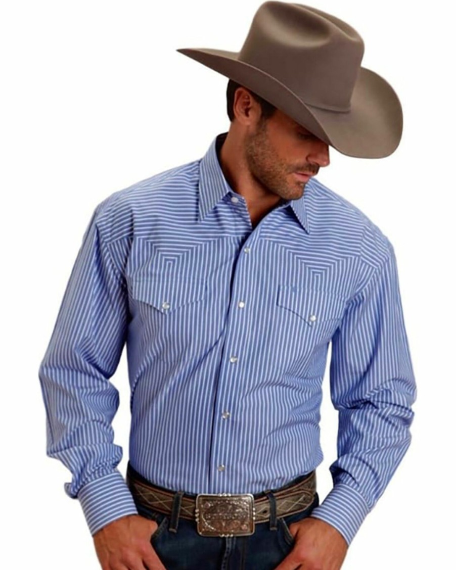 Shirt * | Stetson Men'S Two Pocket Striped Western Snap Shirt Blue