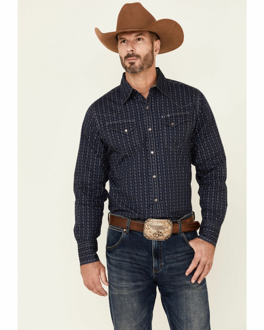 Shirt * | Stetson Men'S Horseshoe Stripe Long Sleeve Snap Western Shirt Blue