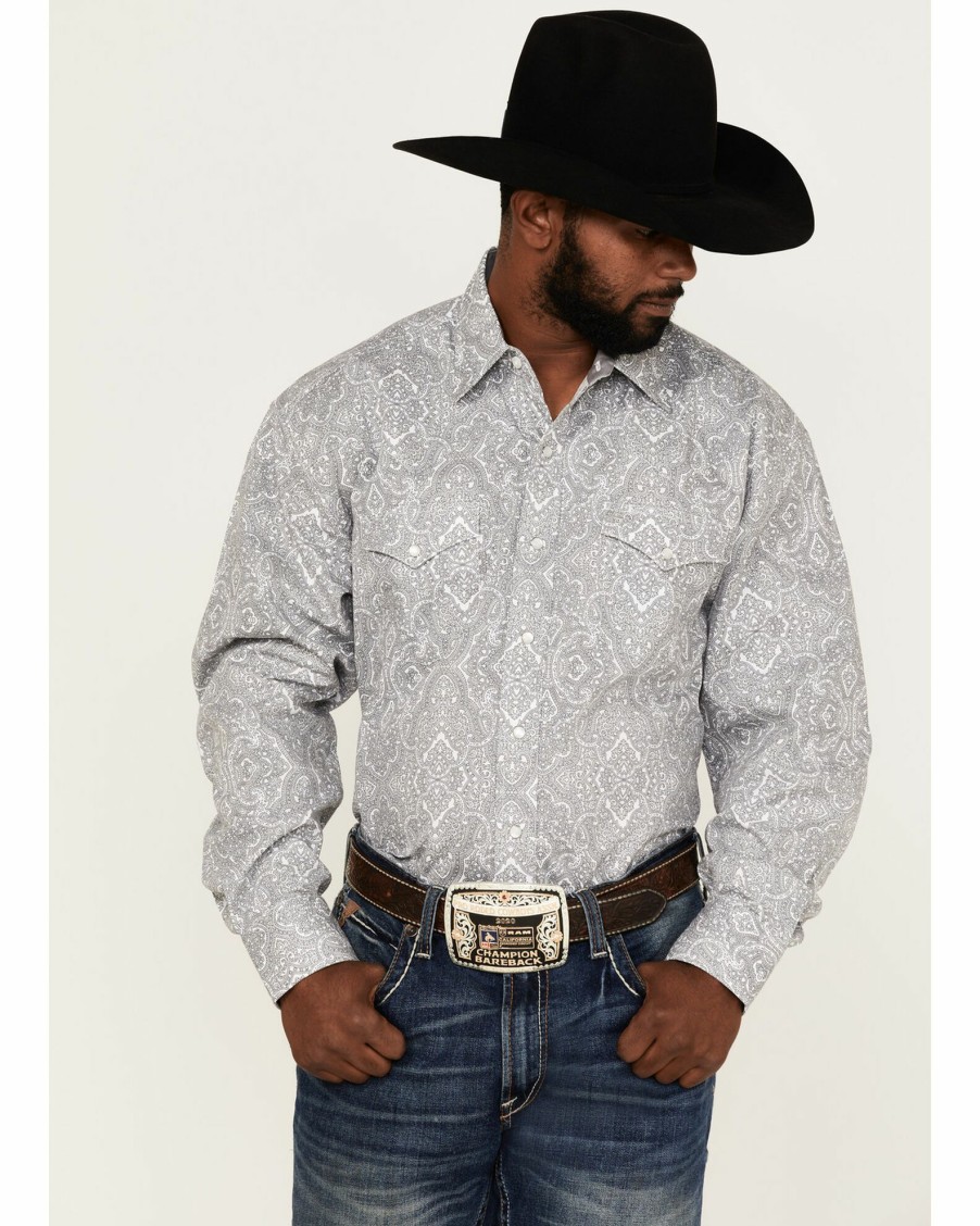 Shirt * | Stetson Men'S Grey Highland Paisley Print Long Sleeve Snap Western Shirt