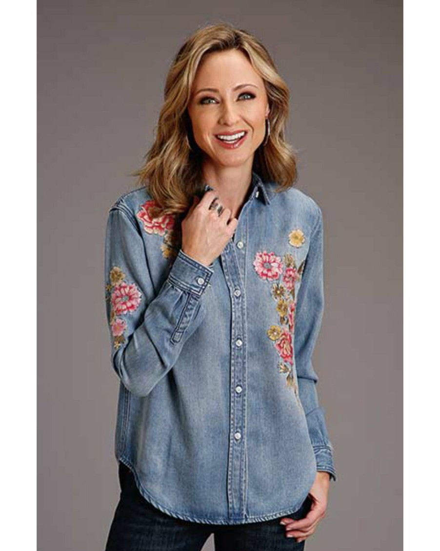 Shirt * | Stetson Women'S Denim Embroidered Long Sleeve Button-Down Blouse Shirt Blue