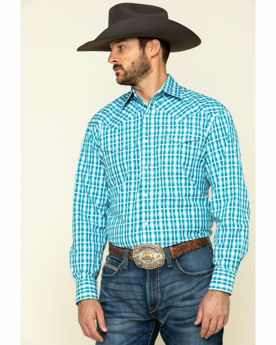 Shirt * | Stetson Men'S Cross Walk Ombre Plaid Long Sleeve Western Shirt Turquoise