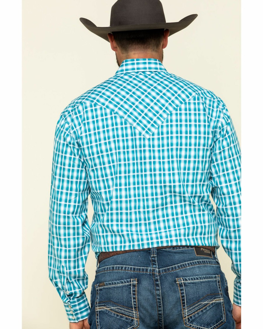 Shirt * | Stetson Men'S Cross Walk Ombre Plaid Long Sleeve Western Shirt Turquoise