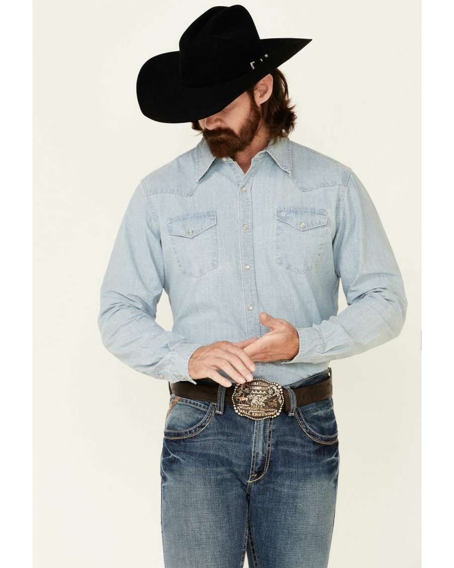 Shirt * | Stetson Men'S Original Rugged Denim Long Sleeve Snap Western Shirt Blue