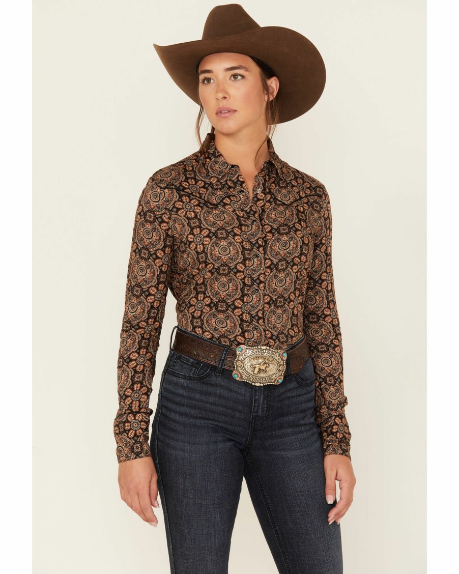 Shirt * | Stetson Women'S Prairie Floral Print Long Sleeve Snap Western Shirt Brown