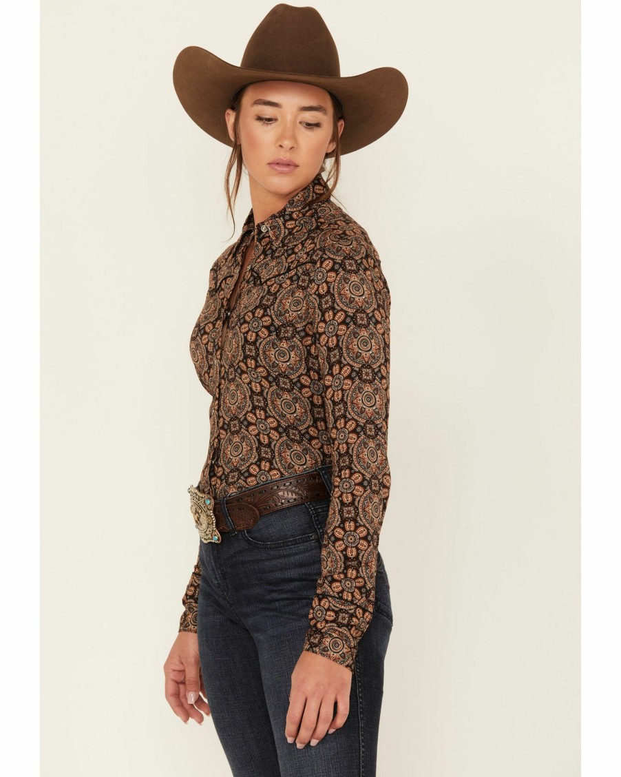 Shirt * | Stetson Women'S Prairie Floral Print Long Sleeve Snap Western Shirt Brown