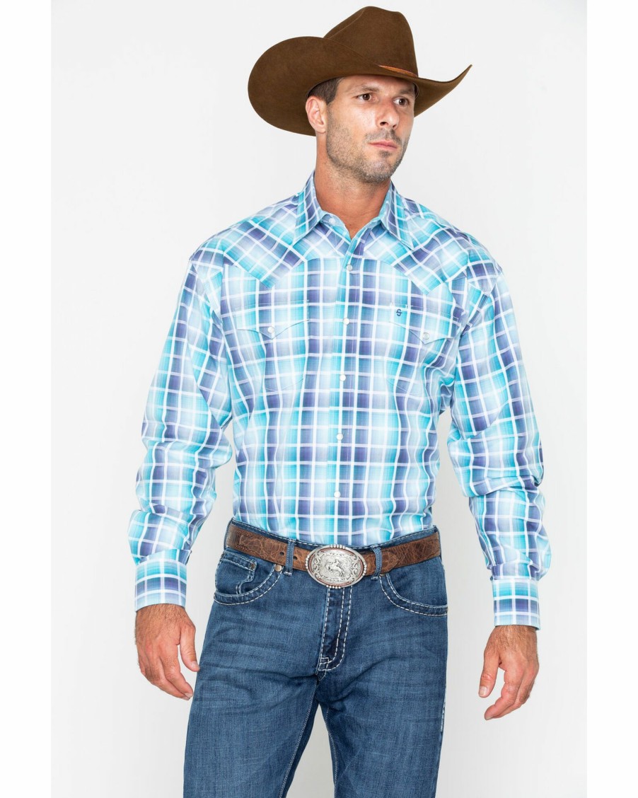 Shirt * | Stetson Men'S Plaid Snap Long Sleeve Western Shirt Blue