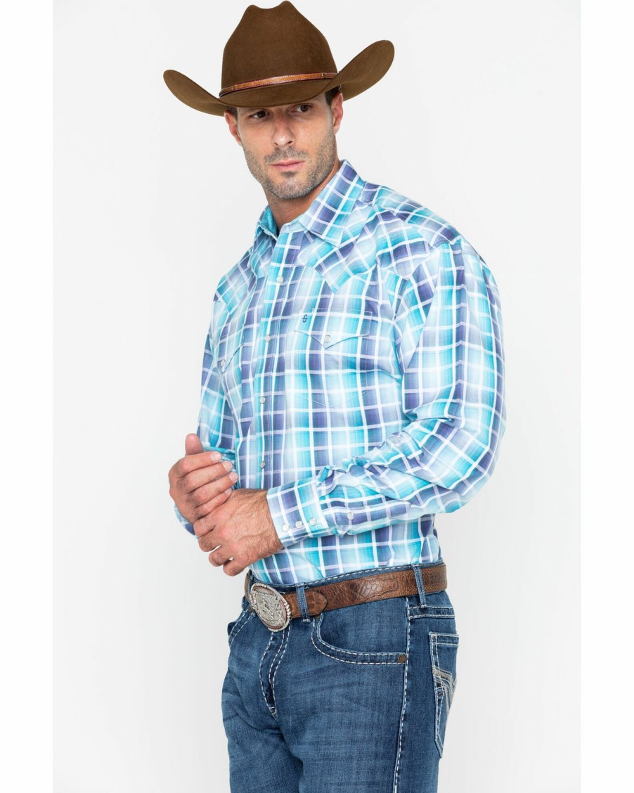 Shirt * | Stetson Men'S Plaid Snap Long Sleeve Western Shirt Blue