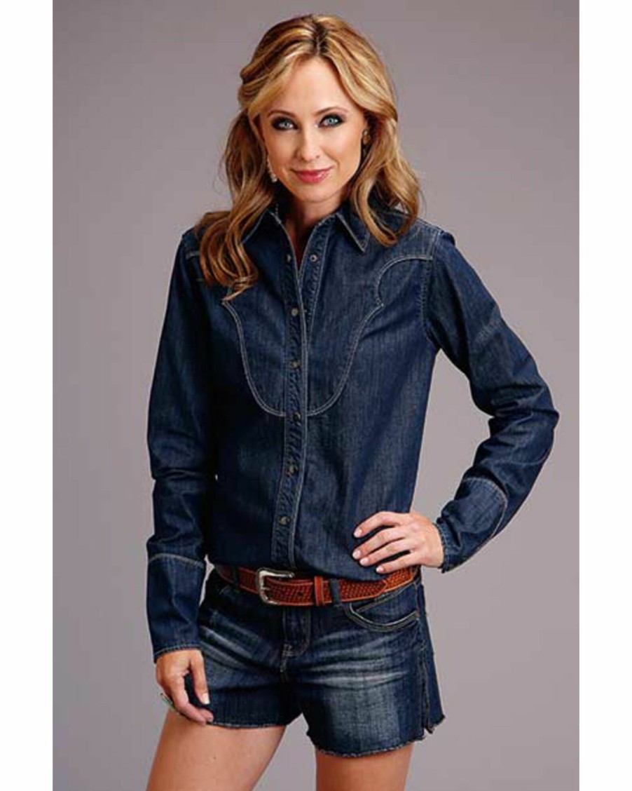 Shirt * | Stetson Women'S Denim Snap Long Sleeve Western Shirt Dark Blue