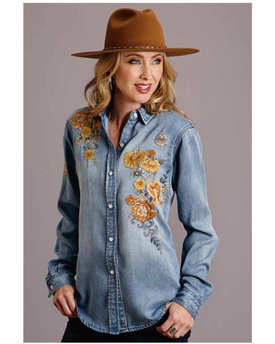 Shirt * | Stetson Women'S Light Wash Floral Embroidered Denim Long Sleeve Western Shirt Blue