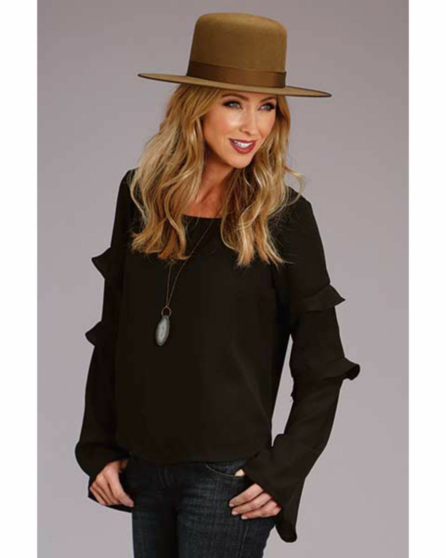 Shirt * | Stetson Women'S Ruffle Bell Sleeve Crepe Blouse Top Black