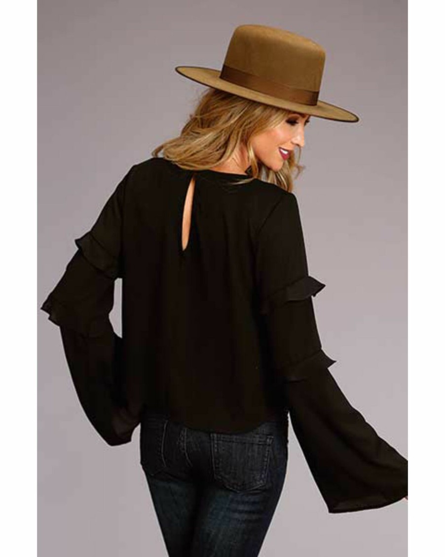 Shirt * | Stetson Women'S Ruffle Bell Sleeve Crepe Blouse Top Black