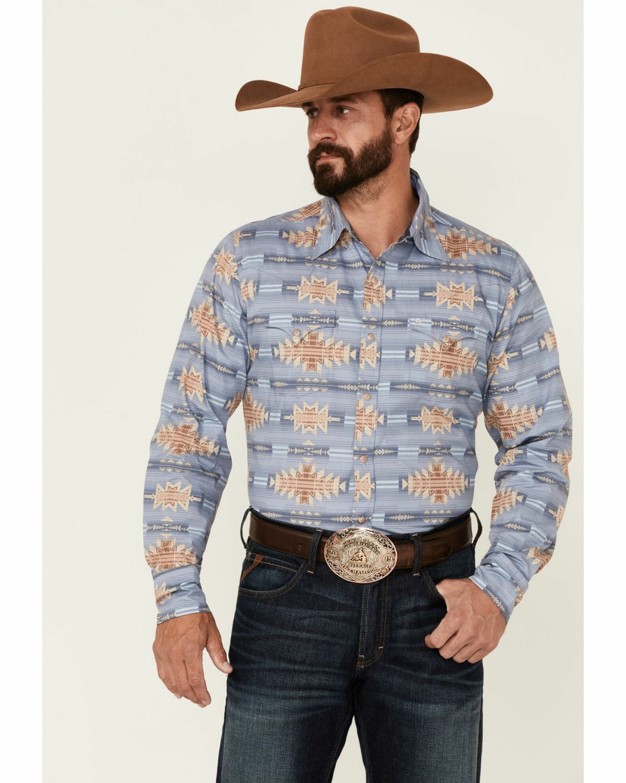 Shirt * | Stetson Men'S Desert Horizon Southwestern Print Long Sleeve Snap Western Shirt Blue