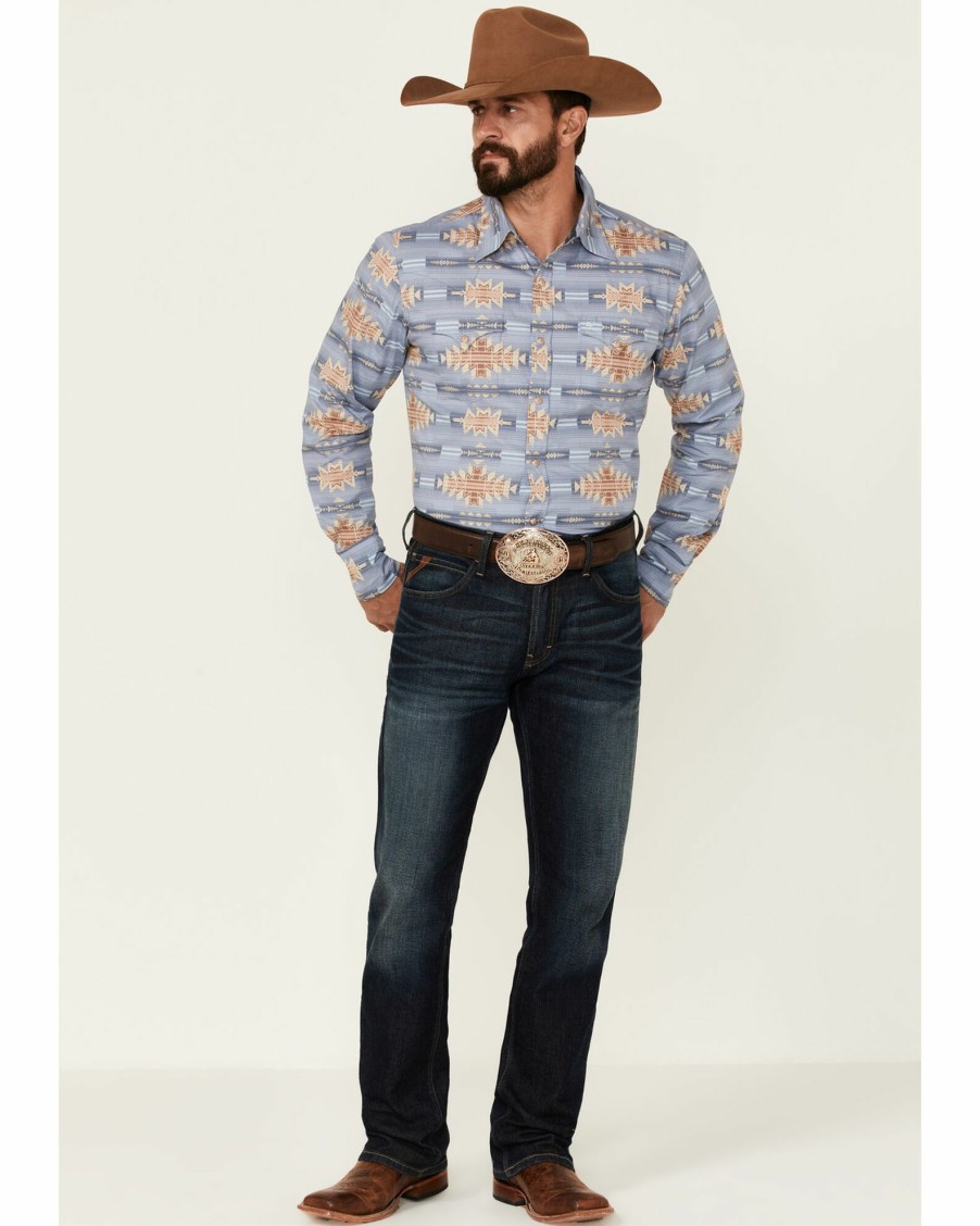 Shirt * | Stetson Men'S Desert Horizon Southwestern Print Long Sleeve Snap Western Shirt Blue