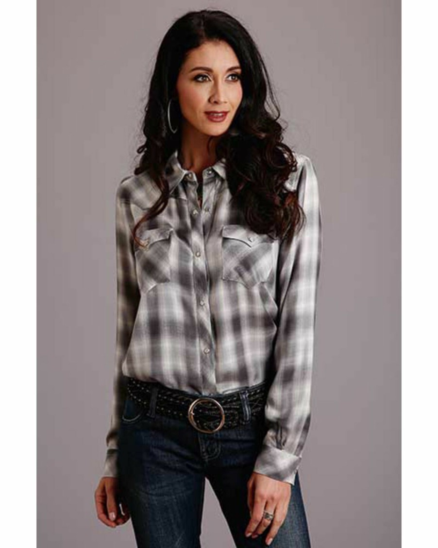 Shirt * | Stetson Women'S Smoky Ombre Plaid Long Sleeve Snap Western Shirt Grey