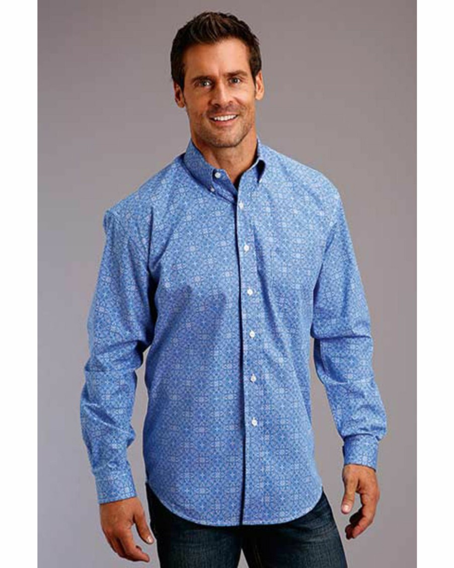 Shirt * | Stetson Men'S Blue Filagree Print Long Sleeve Western Shirt