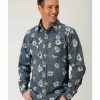 Shirt * | Stetson Men'S Original Rugged Denim Floral Print Long Sleeve Snap Western Shirt Blue