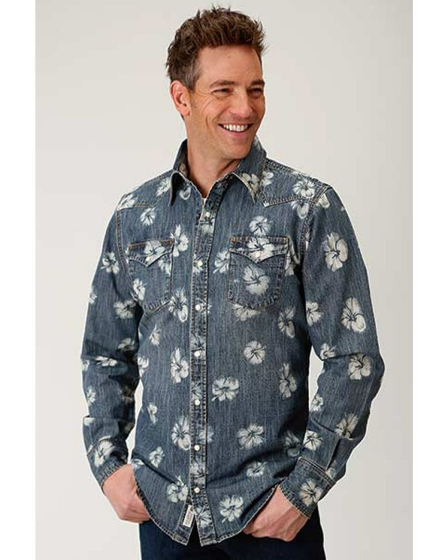 Shirt * | Stetson Men'S Original Rugged Denim Floral Print Long Sleeve Snap Western Shirt Blue