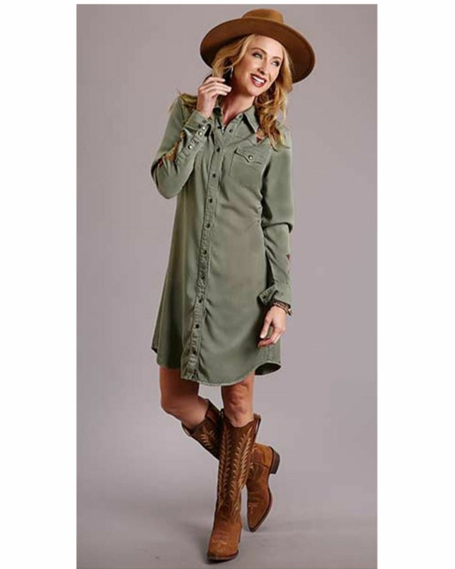 Dress * | Stetson Women'S Southwestern Embroidered Shirt Dress Olive